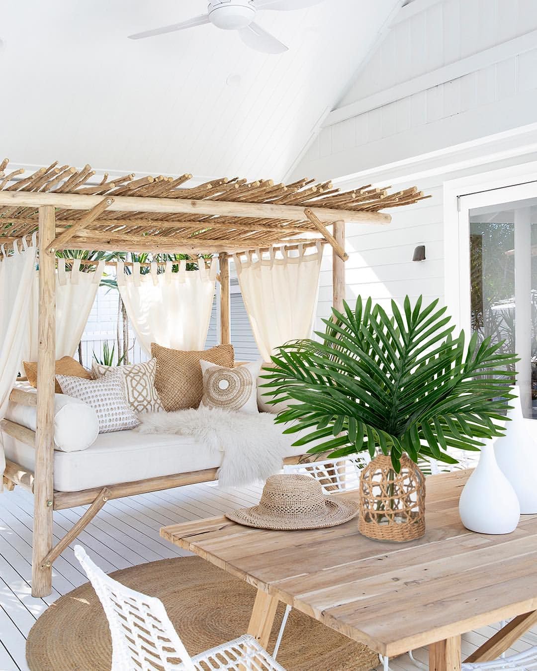 Fake Plants 14.2" Faux Palm Plant in Glass Vase, Realistic Tropical Fake Palm House Plants Artificial Palm Leaves Greenery Stems for Home Bathroom Office Farmhouse Balcony Shelf Centerpiece Décor