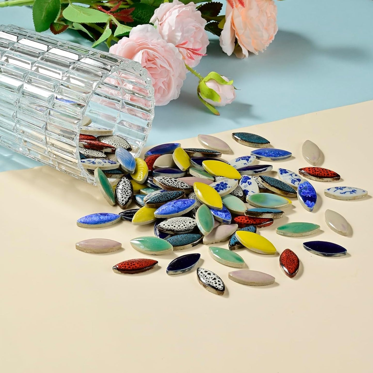 70 Pieces Petal Ceramics Mosaic Tiles for Crafts, Stained Ceramics Supplies, Flower Leaves Mosaic Ceramics Mosaic Pieces Kit for DIY Crafts Plates Picture Frames Home Decorations - Yellow