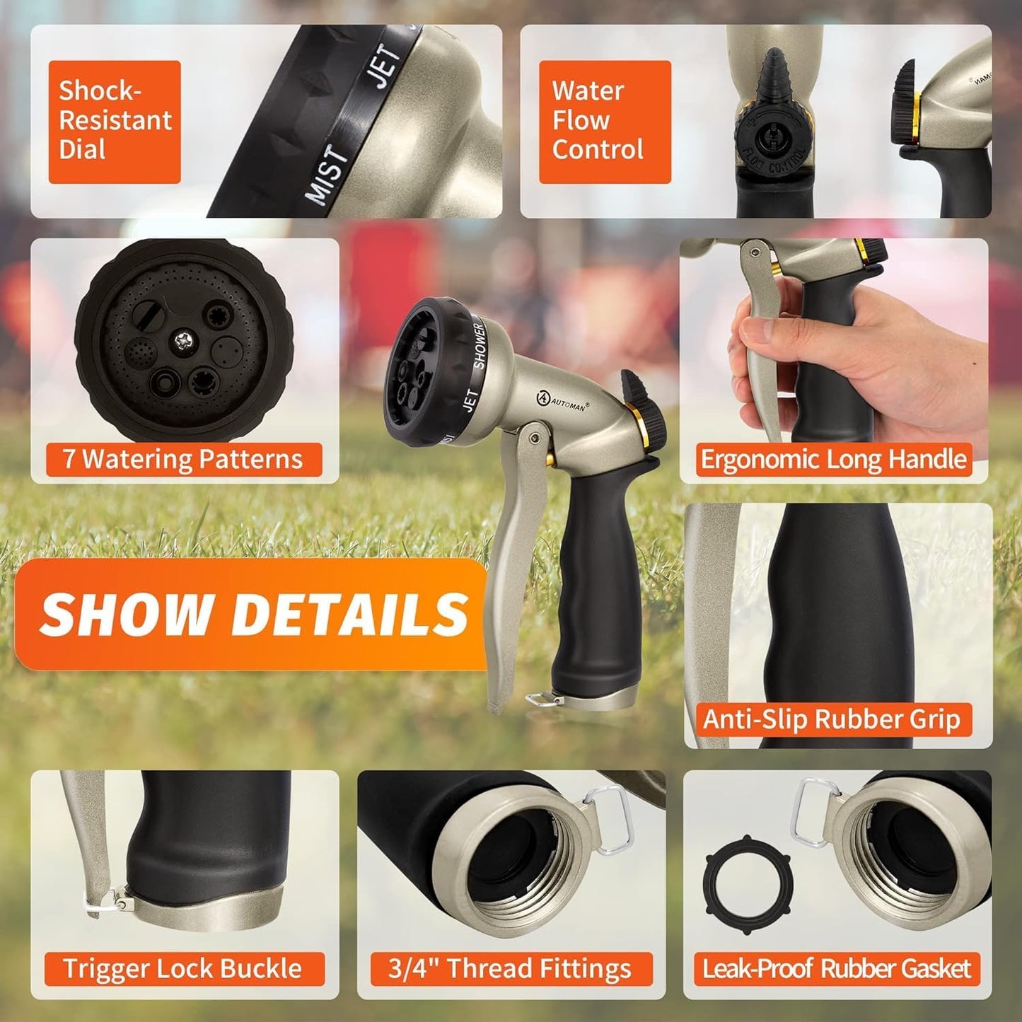 AUTOMAN Garden Hose Nozzle-7 Patterns Sprayer-2 Pack, Metal High Pressure Spray Nozzle, Heavy Duty Labor-Saving Design Water Hose Nozzle for Garden Watering, Car Washing, Window Cleaning, Pets Bathing