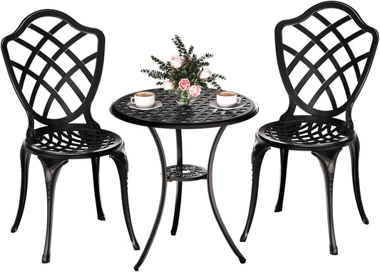 3 Piece Patio Bistro Set, Outdoor Bistro Table and Chairs Set of 2 w/Umbrella Hole, Rust-Resistant Cast Aluminum Bistro Set for Garden/Balcony/Backyard, Black