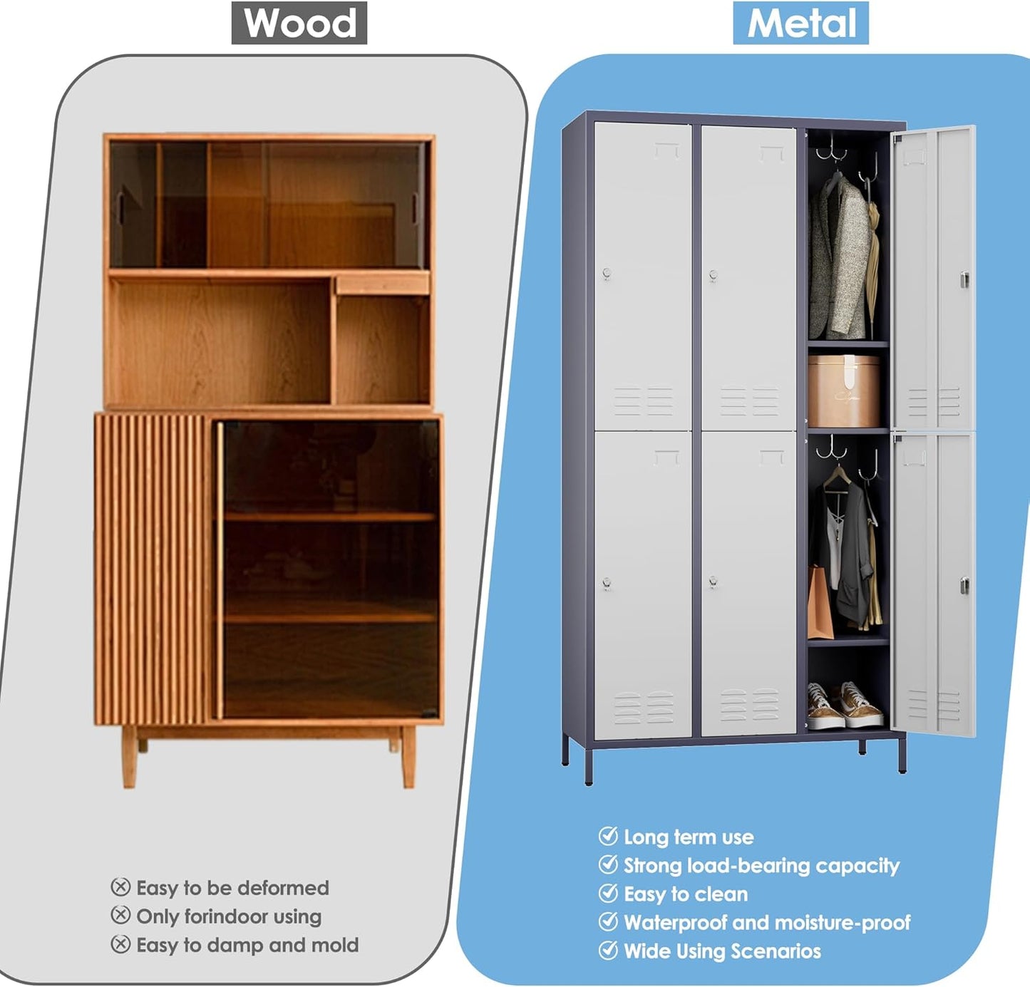 6 Doors Metal Locker for Employees with 18 Hooks and Business Card Holder,Metal Locker with Ventilation Holes for School Garage Office Gym Home,Assembly Required,Grey-White