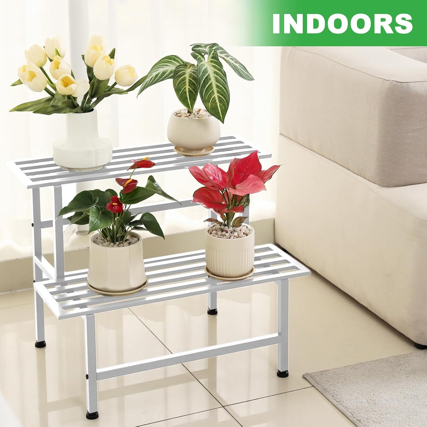 Metal Plant Stand Outdoor Plant Shelf Indoor,2 Tier Heavy Duty Ladder Plant Stands for Multiple Plants,26" L x 20.25" H x 17.75" W,White