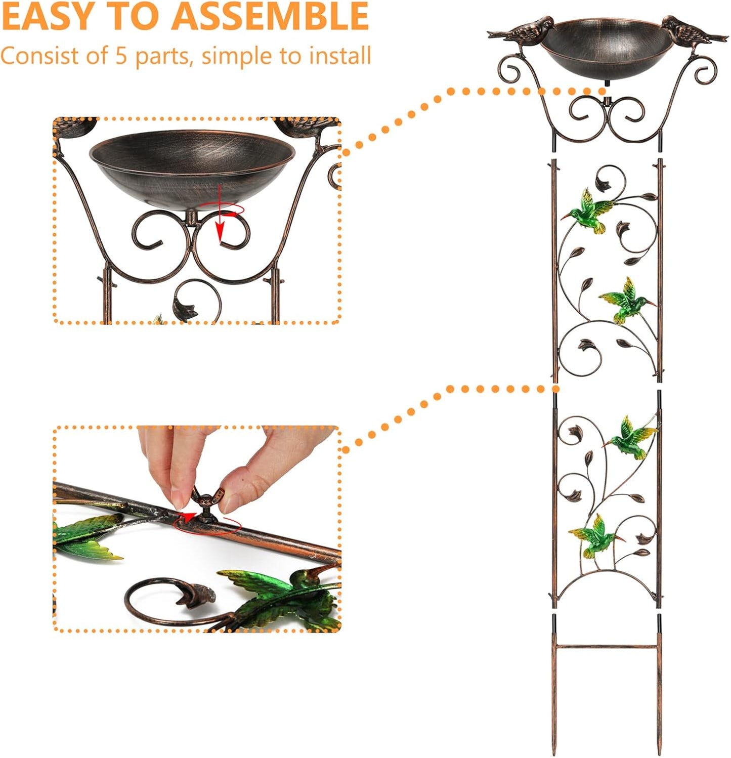 SUNNYPARK Antique Garden Iron Trellis with Decorative Hummingbirds Detachable Bird Bath Bowl Metal Potted Plant Support for Climbing Flowers