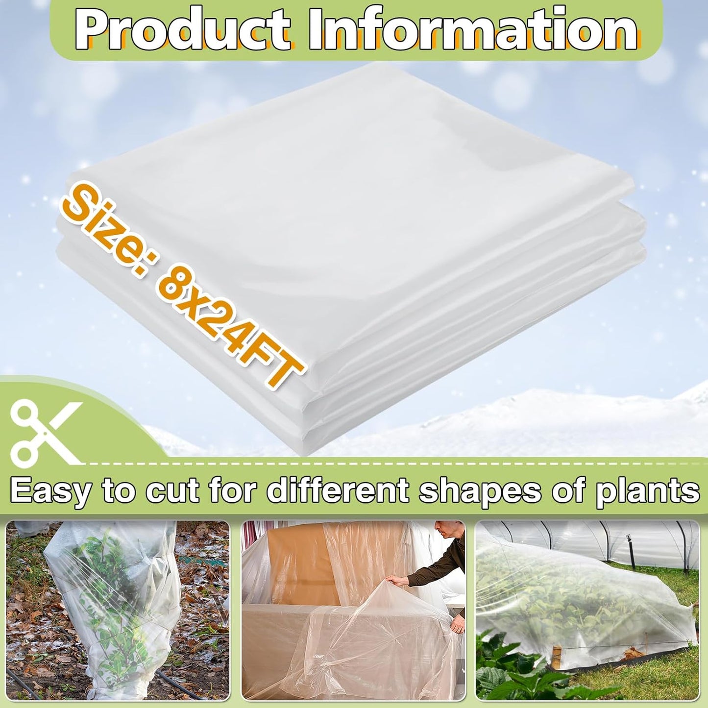 Alphatool Greenhouse Cover Plastic Sheeting - 8 x 24 ft Plant Covers Freeze Protection, Frost Cloths for Outdoor Plants, Clear Floating Row Cover for Outdoors Garden Plants Vegetables Crops