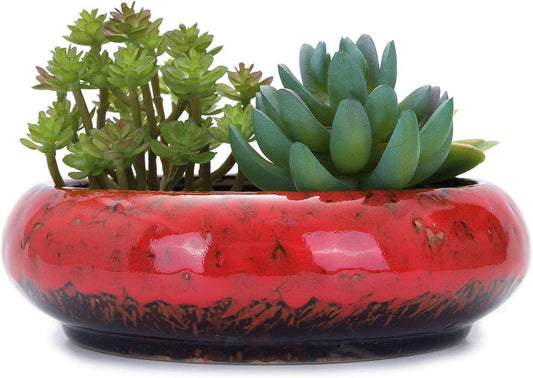 VanEnjoy 7.1 inch Round Large Shallow Succulent Ceramic Glazed Planter Pots with Drainage Hole, Bonsai Pots Garden Decorative Cactus Stand Flower Container (Red)