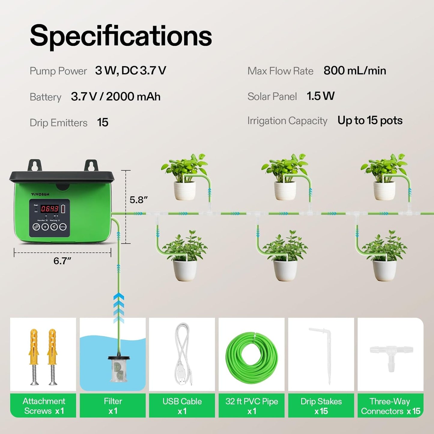 VIVOSUN Solar Automatic Drip Irrigation Kits with Timer, 3W Output, Solar Powered Auto Drip Irrigation System, 15 Pots Garden Plant Watering System, Plant Waterer Indoor Outdoor