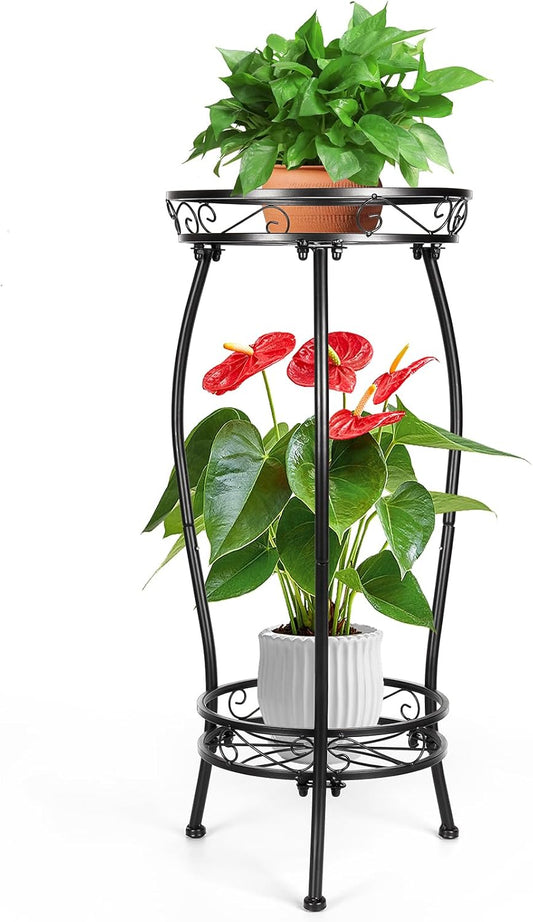2 Tier Rustproof Iron Plant Stand - Heavy Duty Outdoor Plant Stands For Patio, Balcony Or Garden Or Planter Corner - Plant Stand Indoor (Black)