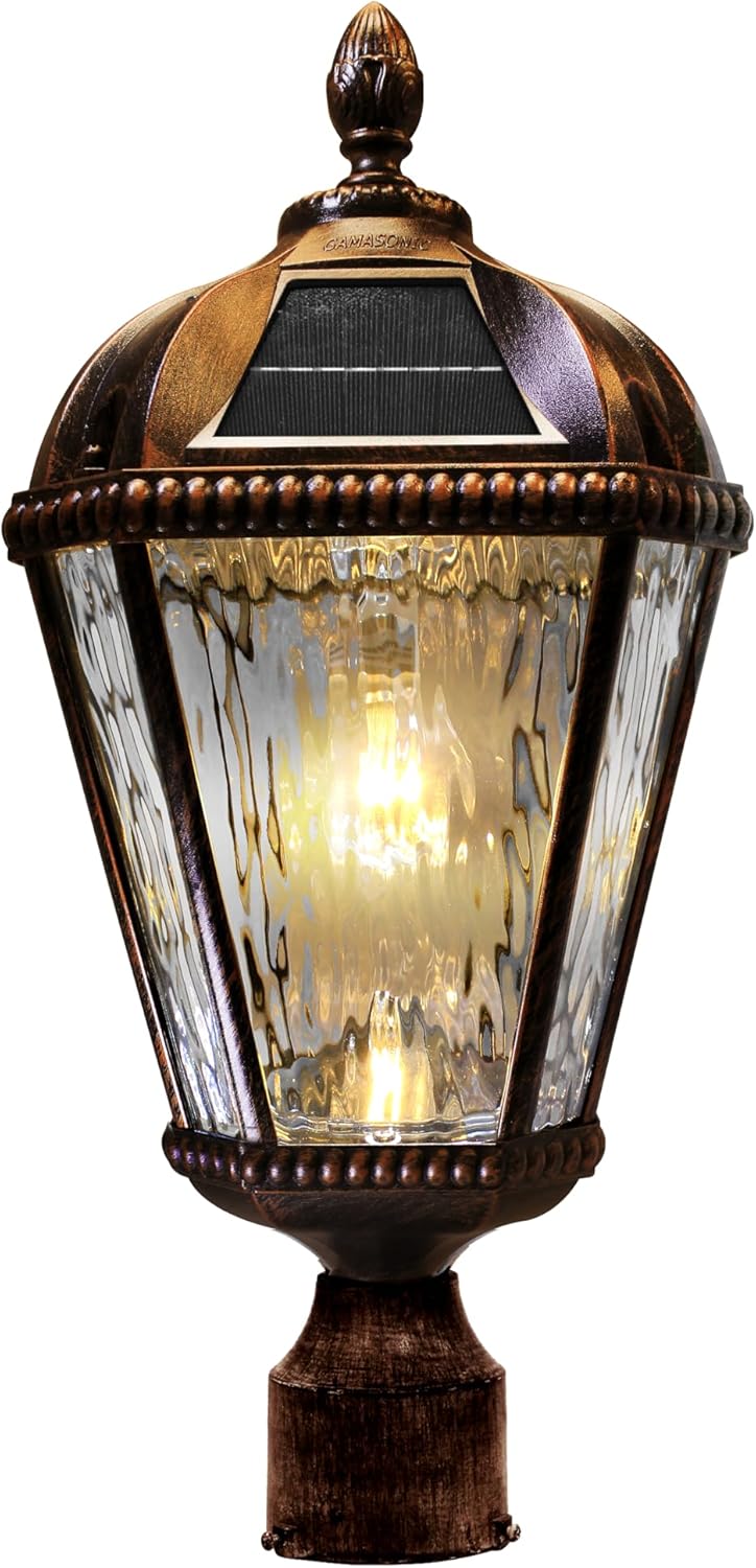 Gama Sonic Outdoor Solar Post Light, Brushed Bronze Finish Aluminum, Royal Bulb, Clear Rain Glass, 3-inch Fitter for Lamp Posts 98B112 (Upgraded Panel and Battery)