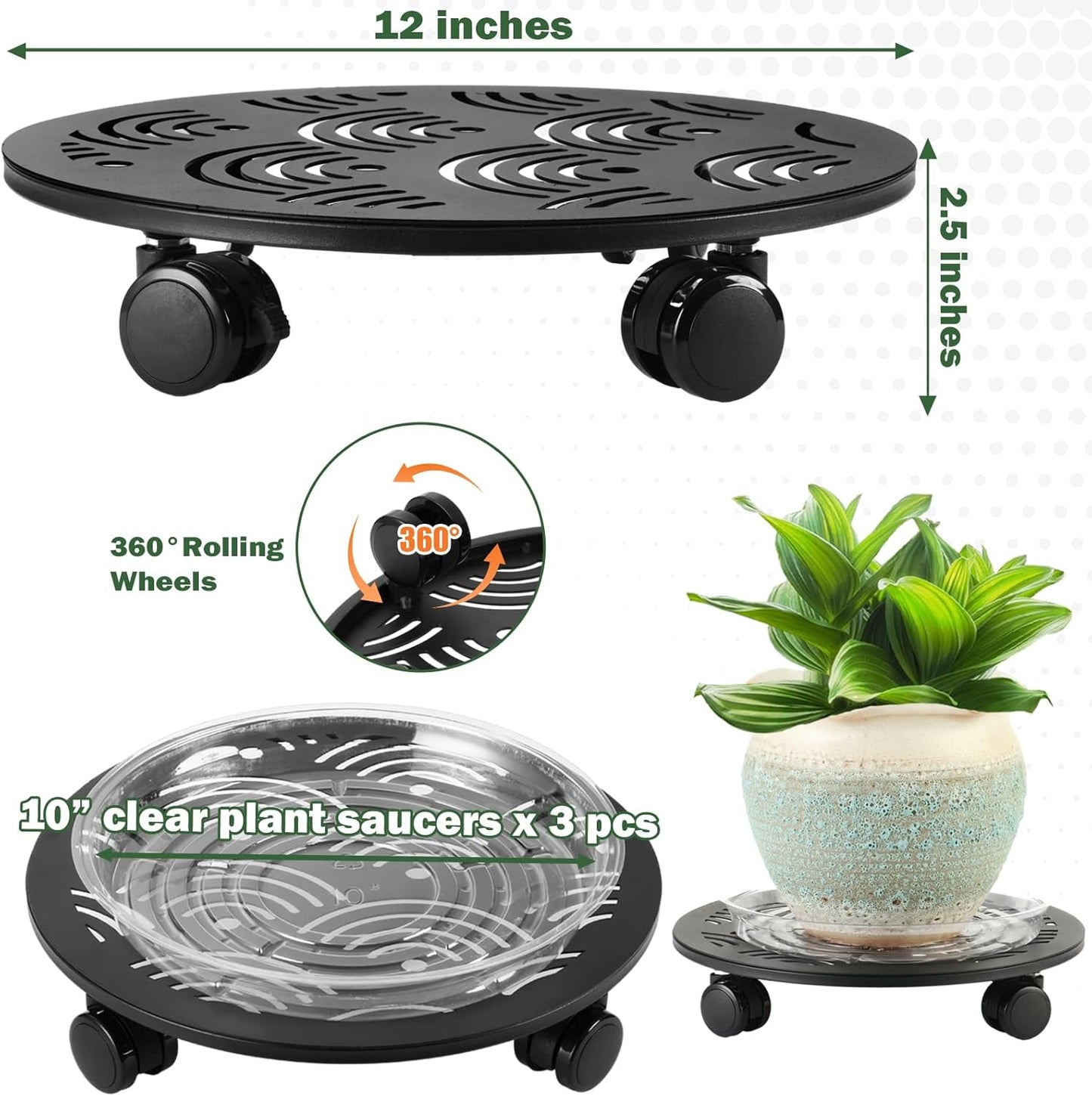 3 Packs 12" Large Metal Plant Caddy with Wheels Heavy-duty Plant Dolly Pot Mover Rollers Rolling Plant Stands Indoor Outdoor Wheeled Plant Holder Coaster Trolley, Black