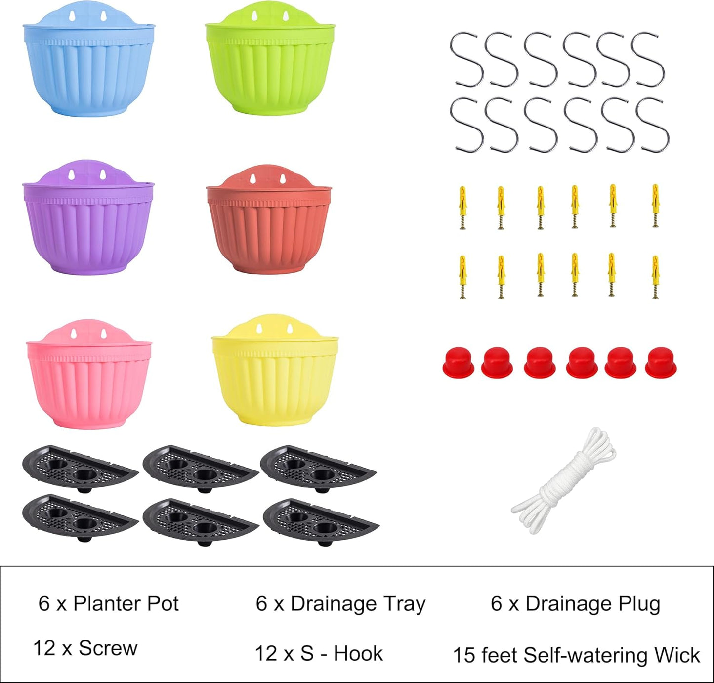 ORIMERC 6 Pack Colorful Wall Hanging Planters for Indoor Outdoor Plants, Hanging Plant Holder with Drainage Hole, Fence Balcony Planters Railing Hanging Pot, Plant Wall Mount Decor with Hooks/Screws