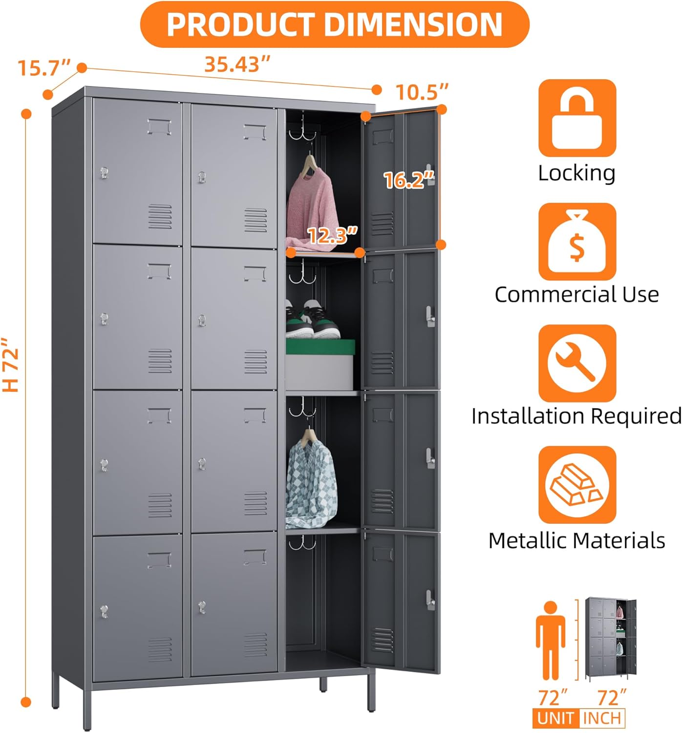 12 Doors Employee Lockers,72" H Metal Storage Lockers for Employees with 12 Hooks for Offices School Gyms Home,Assembly Required,Dark Grey