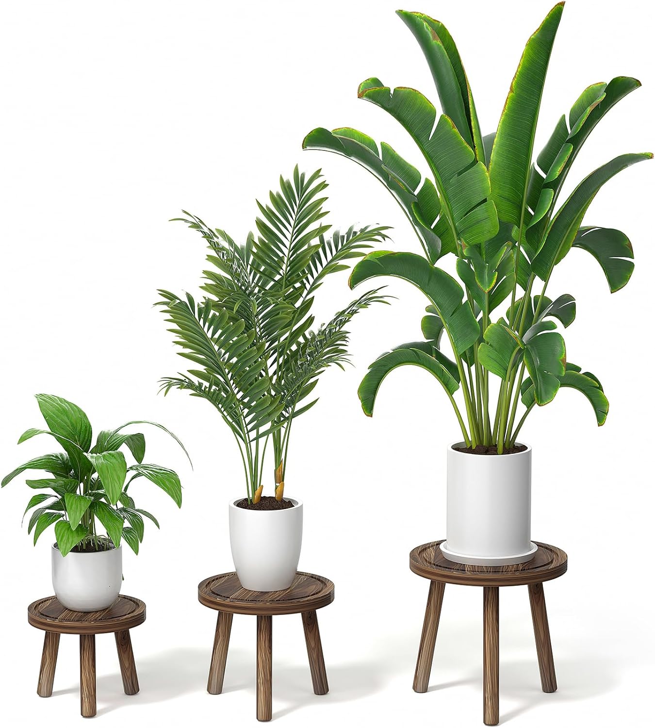 3-Pack Wood Plant Stands Indoor, Single Plant Stand for 6-12 Inch Pots, Mid-Century Modern Plant Stool, Tall Plant Stand for Large Plants for Living Room, Balcony, Office (Dark Brown)