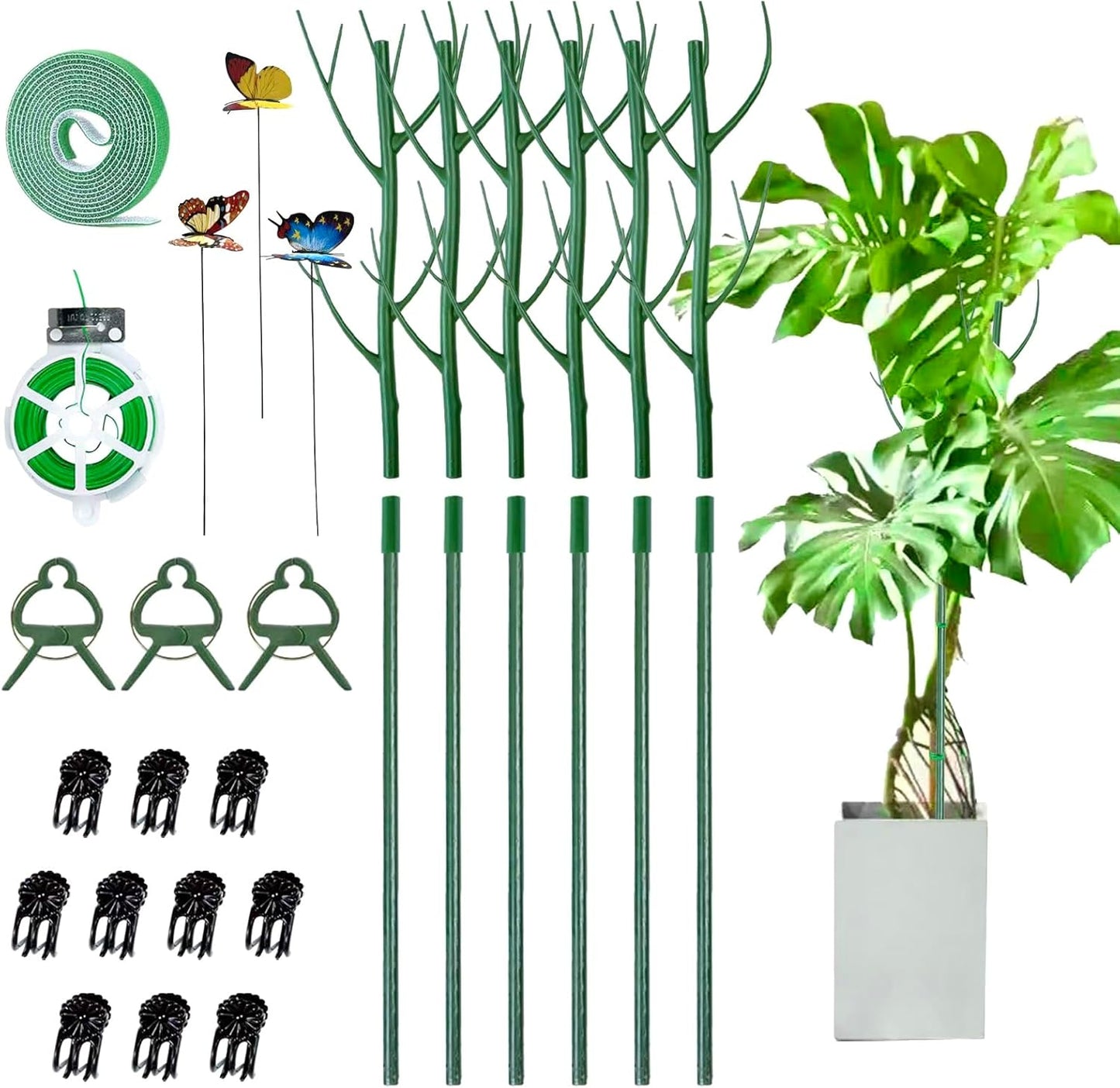 6 Pack Plant Support Plant Stakes for Indoor and Outdoor Plants, 28.8” Plant Sticks with Plant Clips Twist Tiers and Plant Tiers for House Potted Plants, Monstera Plant Support for Climbing Plants