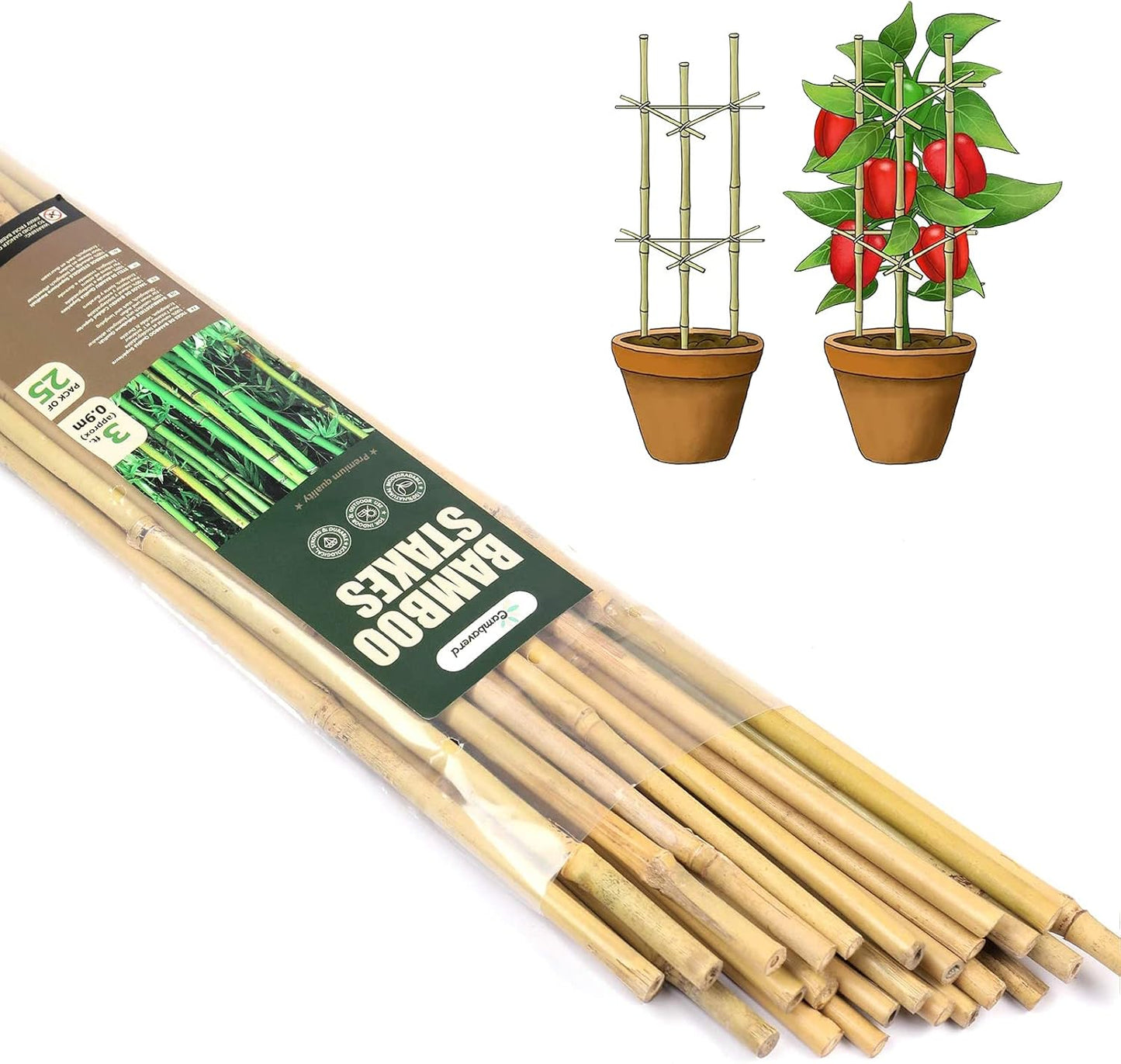 Bamboo Garden Stakes 3 Feet Plant Stakes for Roma Tomatoes Sunflowers Beans Potted and Climbing Plants - Pack of 25 Bamboo Sticks