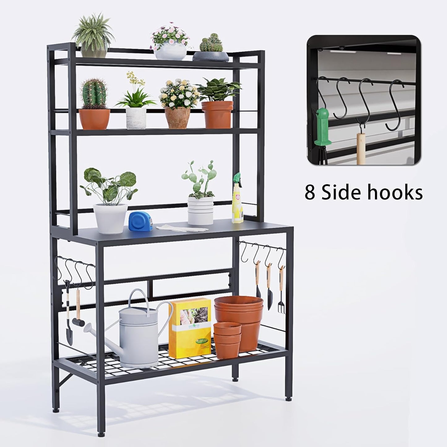 63” Metal Potting Bench&Table with Metal Tabletop, 4-Tier Plant Shelves, 8 Side Hooks, Outdoor/Indoor Gardening Workstation and Plant Stand, Black
