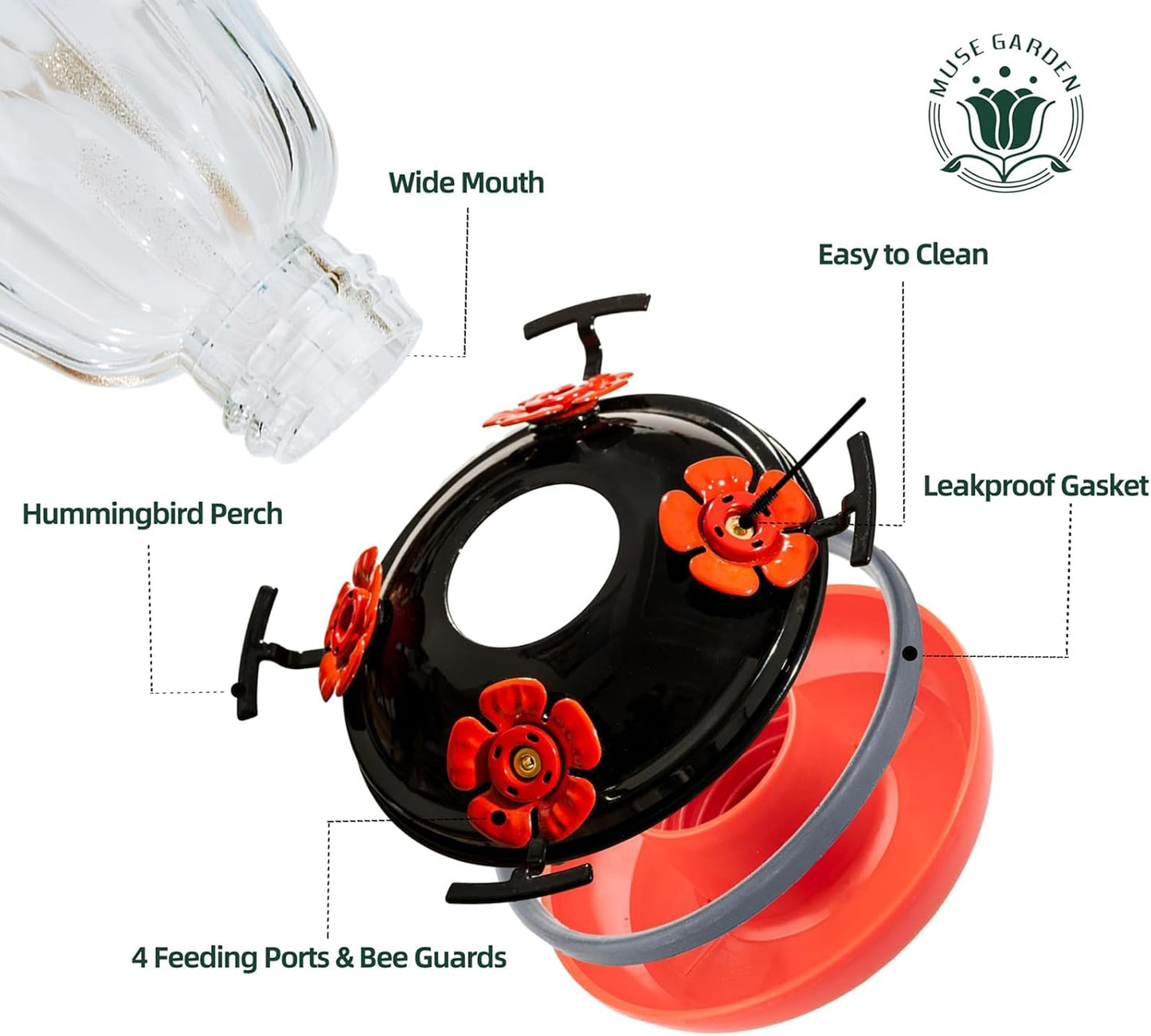 Muse Garden Solar Hummingbird Feeders for Outdoors Hanging, 38oz Hand Blown Glass Humming Bird Feeders for Garden Decor, Moms Birthday Unique, White