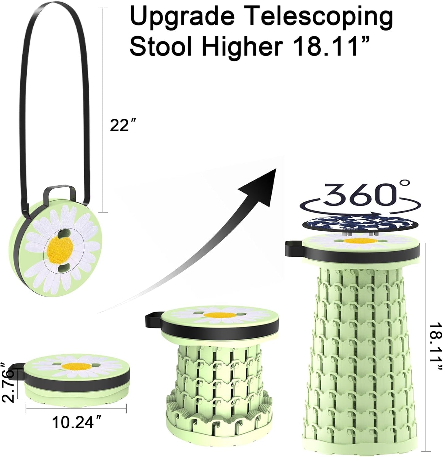 ALEVMOOM Upgraded Telescoping Collapsible Stool with Cushion, Folding Stool with Printing Portable Retractable Foldable Seat Max Load 600lbs for Adults Camping Fishing Outdoor