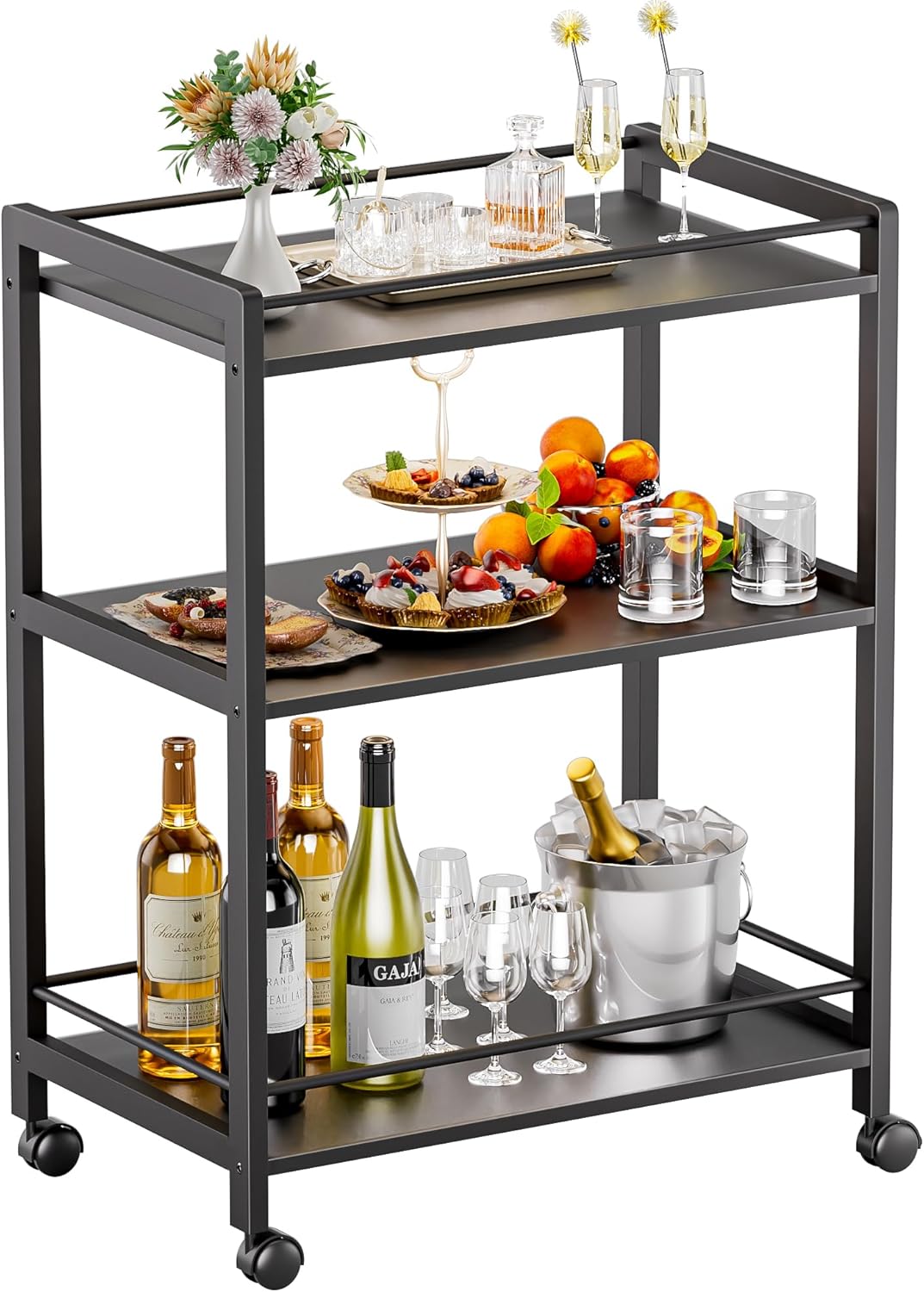 HITNET Bar Cart Black, Serving Cart for Home, 3 Tier Drinks Cart with Wheels, Rolling Beverage Cart for Kitchen Dining Living Room