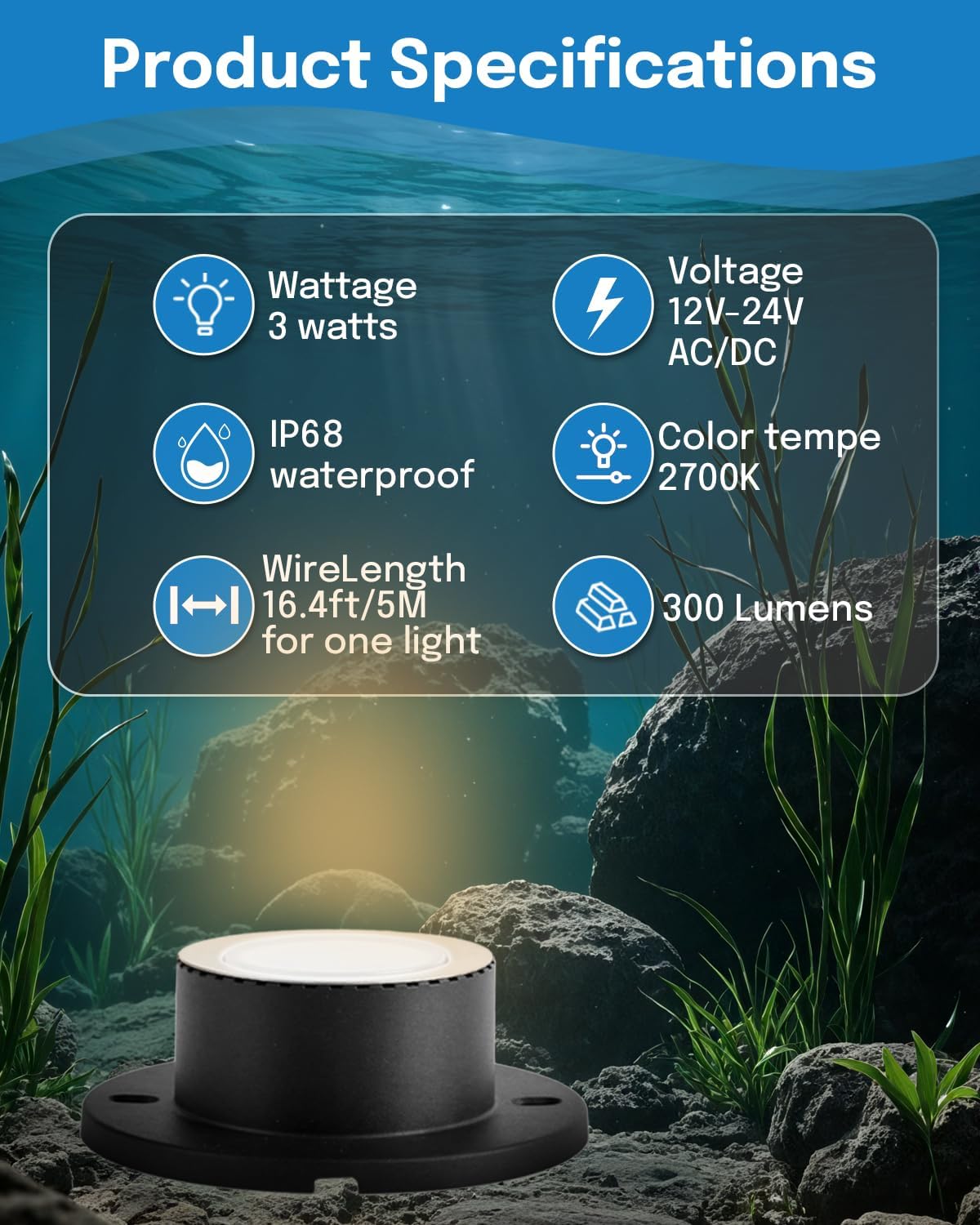 HIBOITEC 3W Pond Lights LED Underwater, 2700K Warm White, IP68 Waterproof Low Voltage Submersible Fountain Lights for Ponds Tank Garden Waterfall, 12-24V AC/DC, 2 Pack