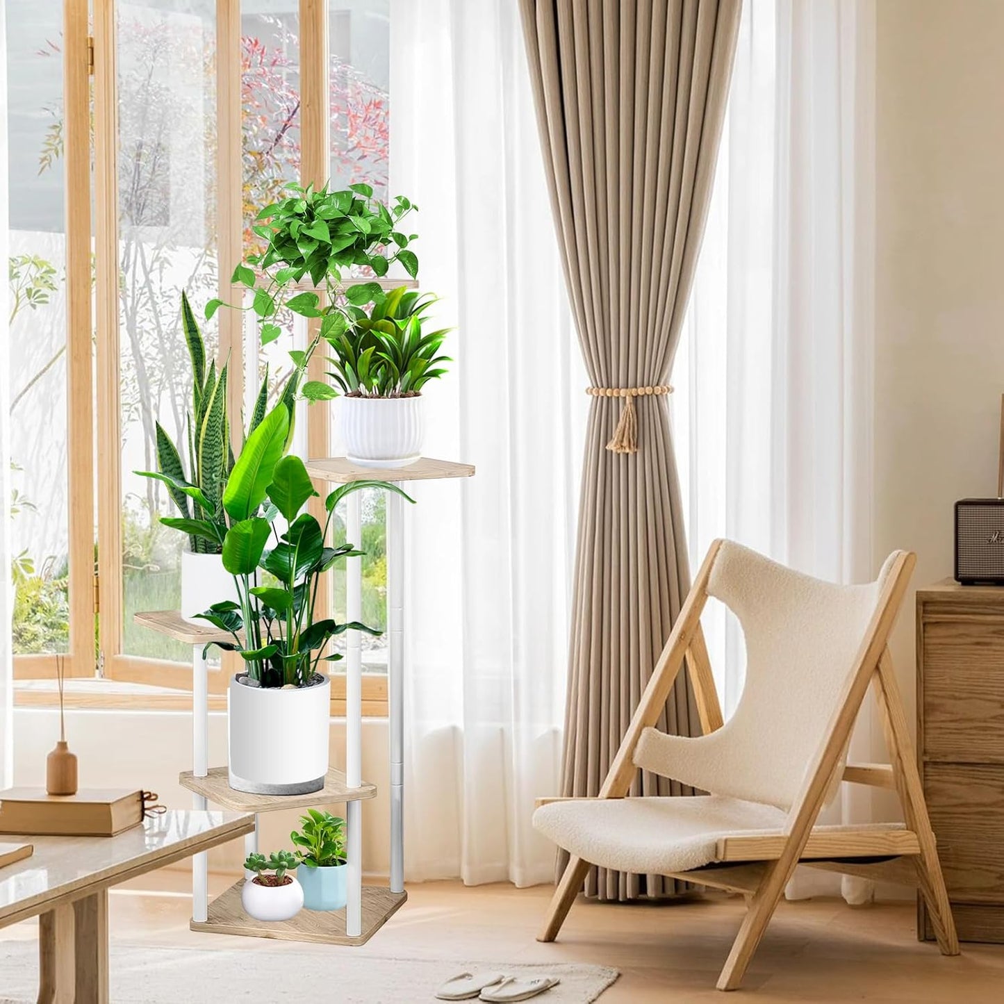 5 Tier Wood Tall Plant Stand Metal Rack Indoor, Multiple Flower Pot Holder Shelves Corner Rack, Planter Shelf Display Rack Storage Organizer for Patio Living Room Balcony Garden(White Oak)