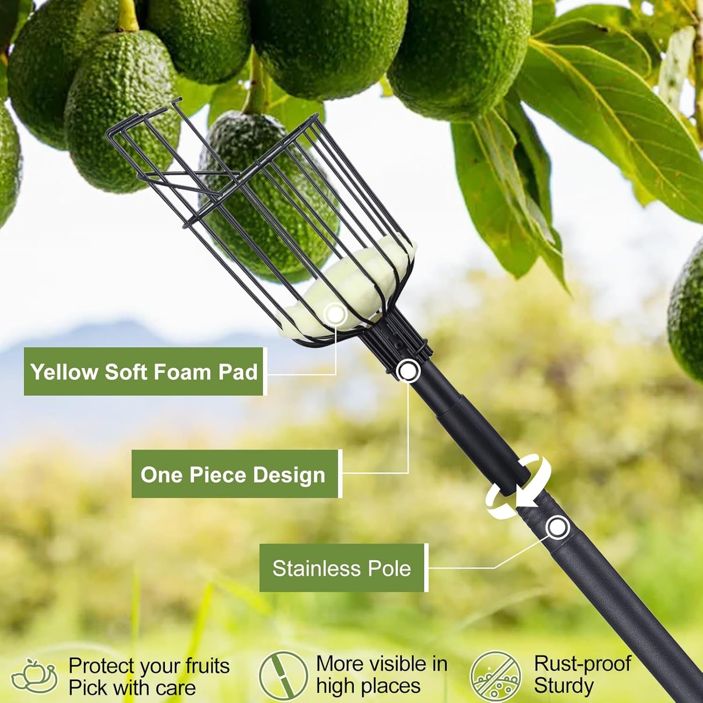 Fruit Picker Pole with Basket - 8.43FT(101Inch) Adjustable Fruit Picker with Basket, Orange Picker, Fruit Picking Pole for Orange Apple Avocados Lemon, Black