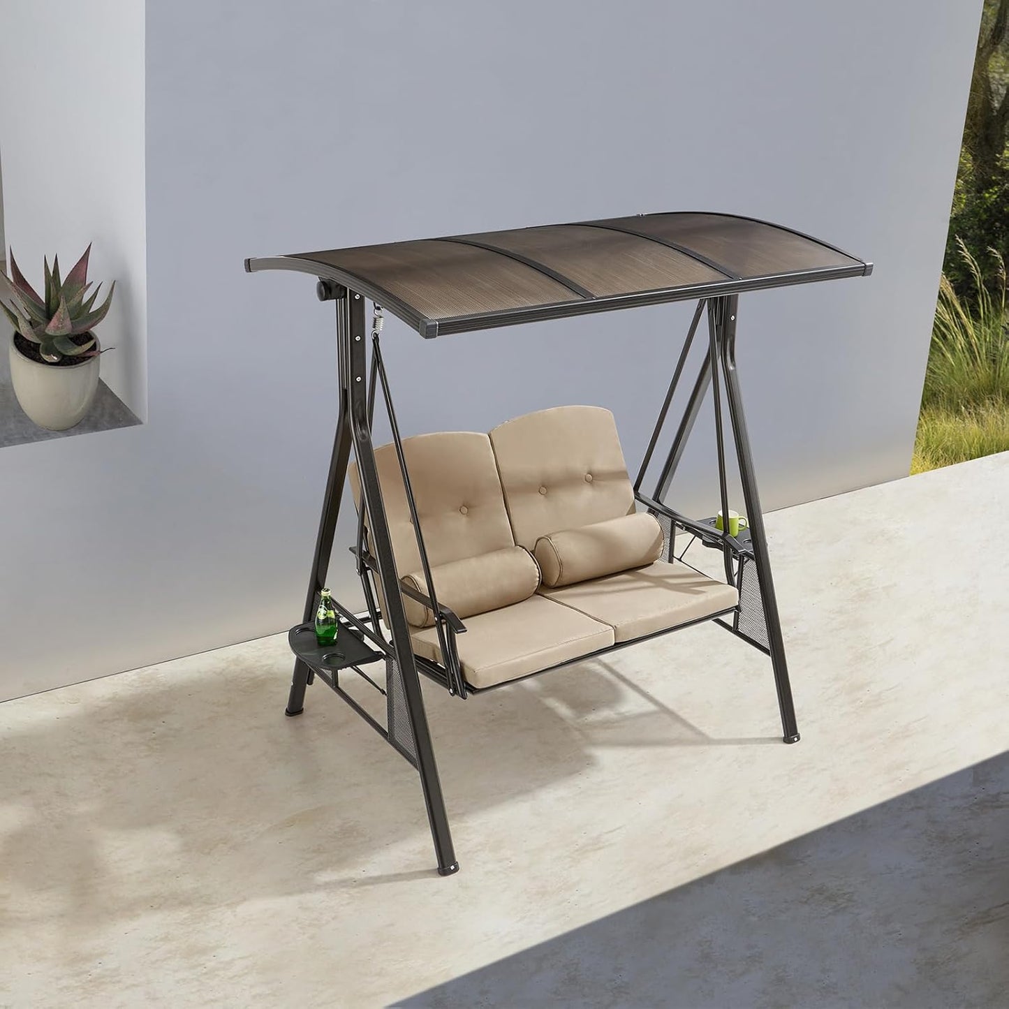 2/3-Seat Outdoor Patio Porch Swing with Adjustable Aluminum Alloy Canopy Solar Patio Swing Chair Bench with Footrest Side Cup Holder for Backyard Lawn (Panama-2 Seat)