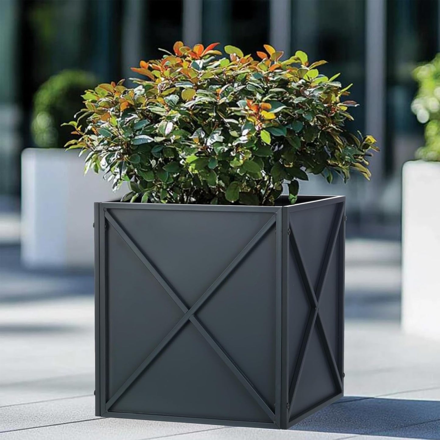 BAYN Metal Square Planter Box Tall Planters for Outdoor Plants Modern Heavy Duty with Drainage Holes for Outside Indoor Patio Deck - Grey, 17”x 17”x 18”