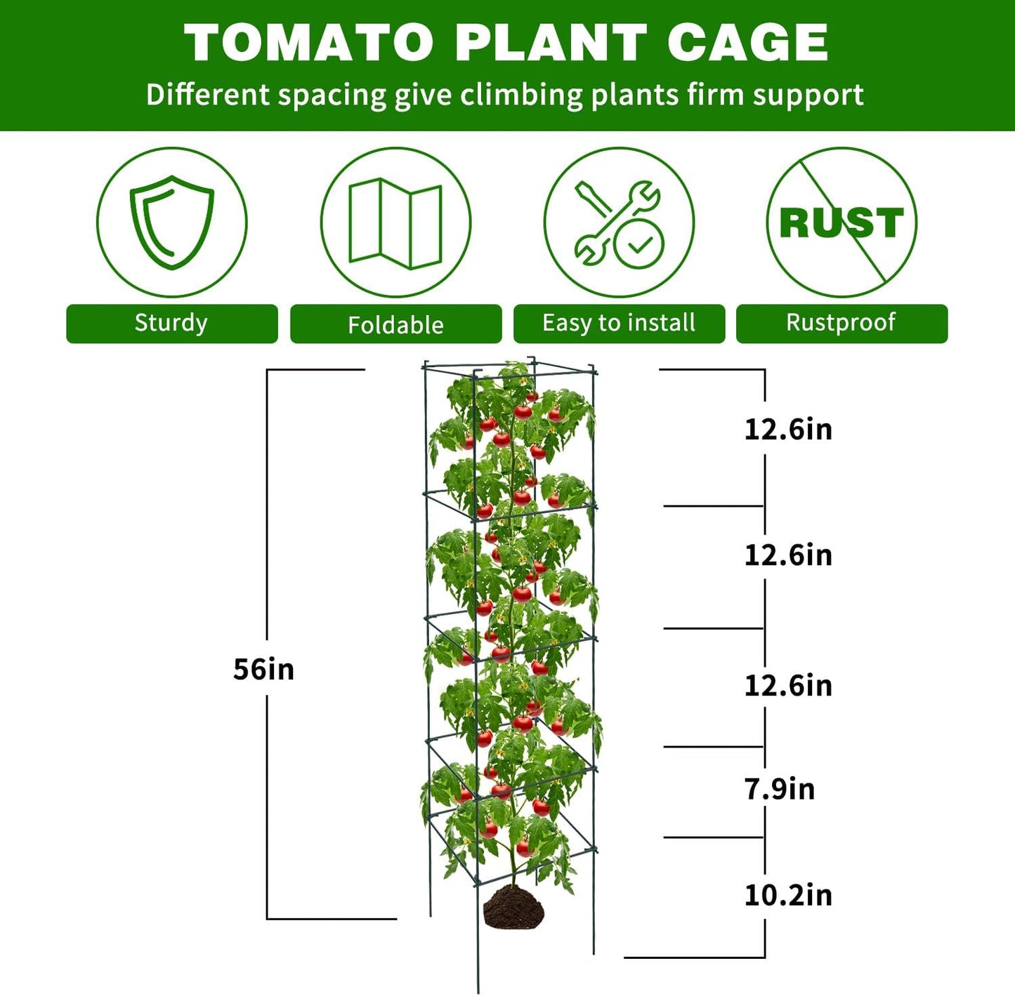 6 Packs Tomato Cages for Garden, 12"×12"×56" Plant Support Cage with Different Spacing, Green Metal Trellis for Climbing Plants Like Cucumber, Flowers
