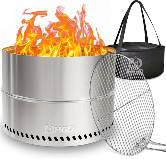 HGD 20 Inch Smokeless Firepit with Grill, Portable Wood Burning Fire Pit for Camping & Backyard, Stainless Steel Outdoor Fireplace with Travel Bag, Easy Setup & Compact Storage - Foldable Design