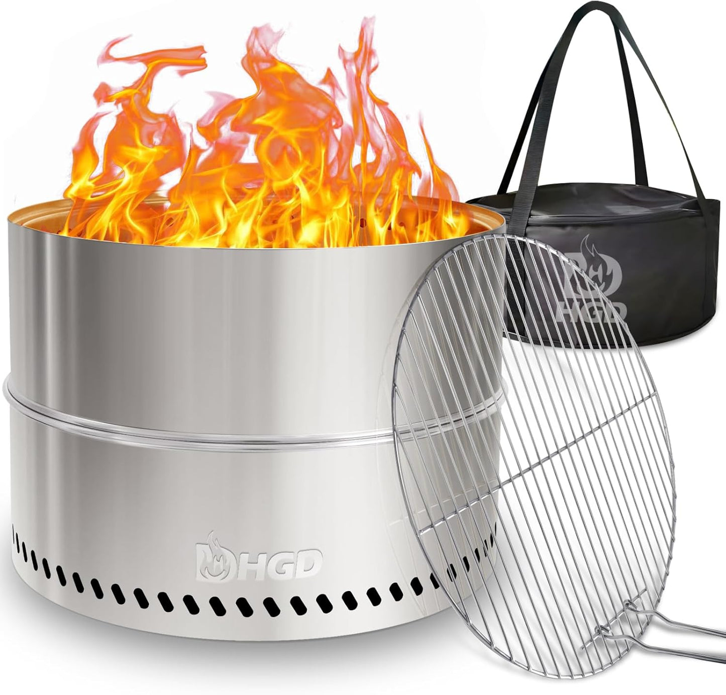 HGD 19.5 Inch Smokeless Firepit with Grill, Portable Wood Burning Fire Pit for Camping & Backyard, Stainless Steel Outdoor Fireplace with Travel Bag, Easy Setup & Compact Storage - Foldable Design
