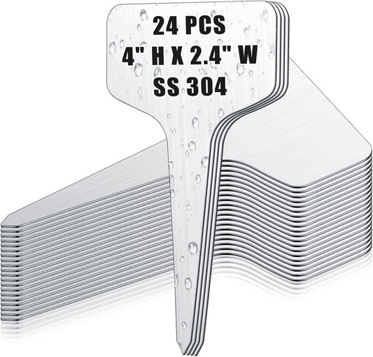 Hicarer 24 Pcs Durable Metal Plant Labels Christmas Gift Weatherproof Garden Markers Engraving Stainless Steel 304 T-Type Reusable Plant Tags for Gardeners Outdoor Greenhouse Vegetables(4x2.4 Inch)