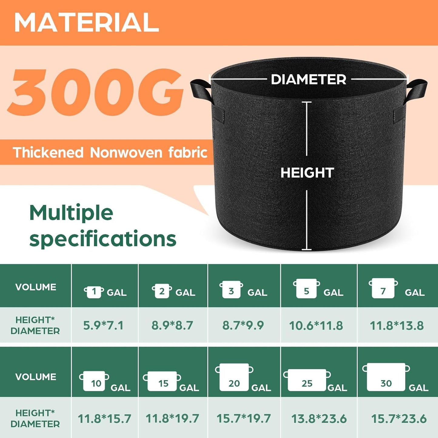 10 Pack 10 Gallon Grow Bags, Thickened Nonwoven Fabric Planter Pots with Handles, Heavy Duty 300G Garden Pots for Tomato, Potato and Vegetable