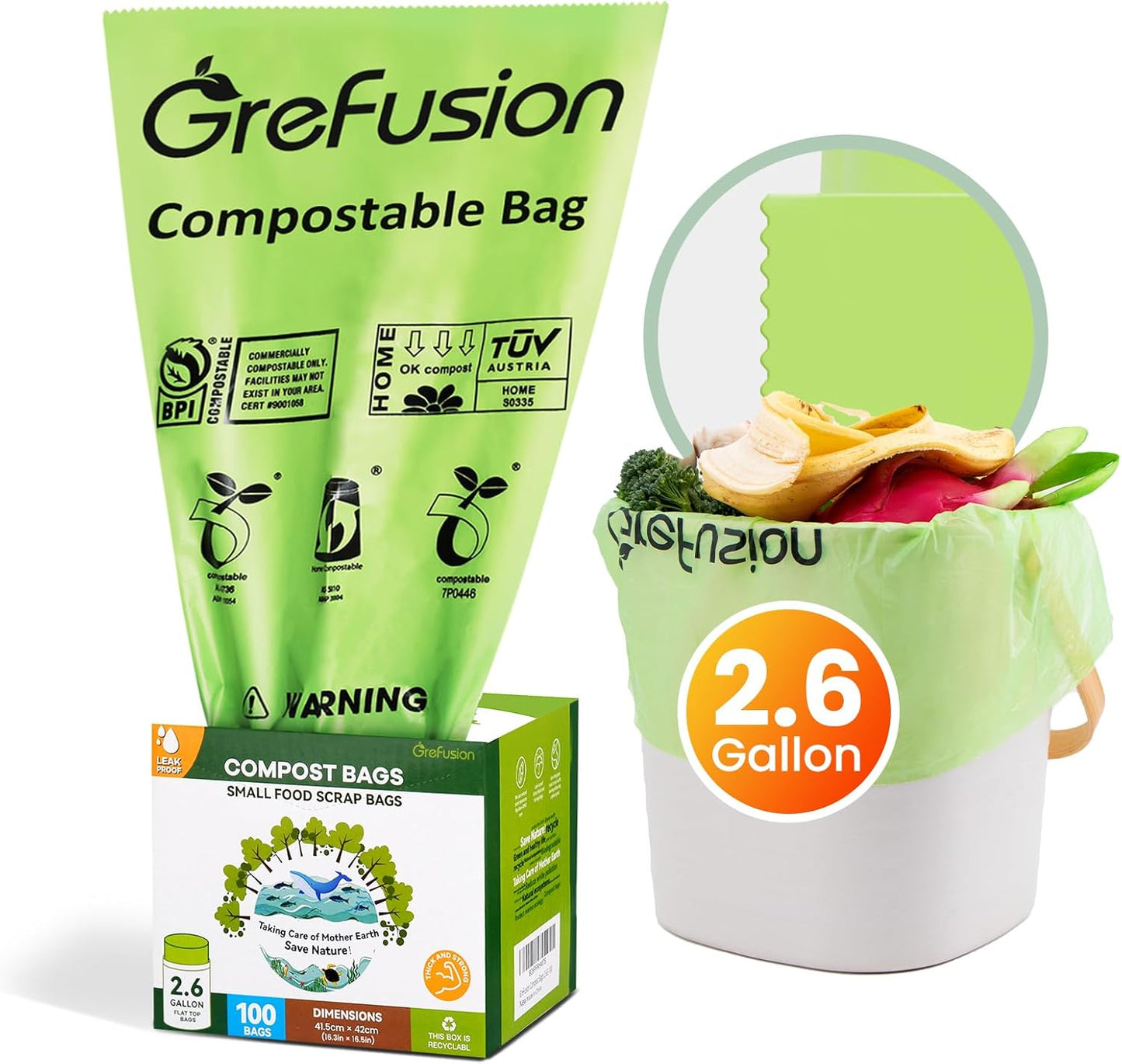 2.6 Gallon Compostable Trash Bags, 100 Count, Extra Thick 0.71 Mil, Certified by BPI and ASTM D6400, Perfect Fit for Small Trash Cans