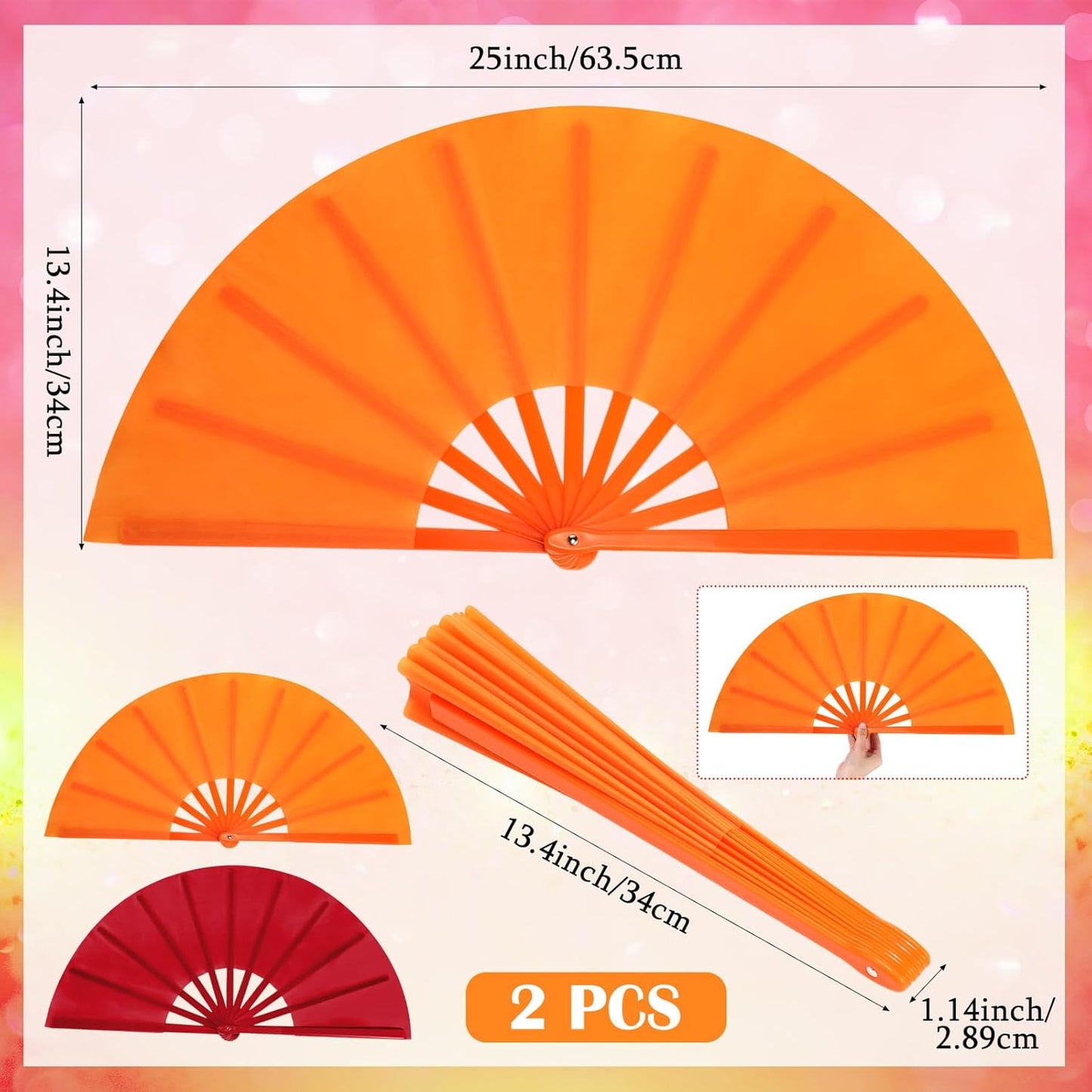 Maitys 2 Packs Large Clap Fans for Line Dancing Large Chinese Folding Hand Fans for Men and Women, Festival, Tai Ji, Kungfu, Martial Art, Gifts (Wine Red and Yellow)