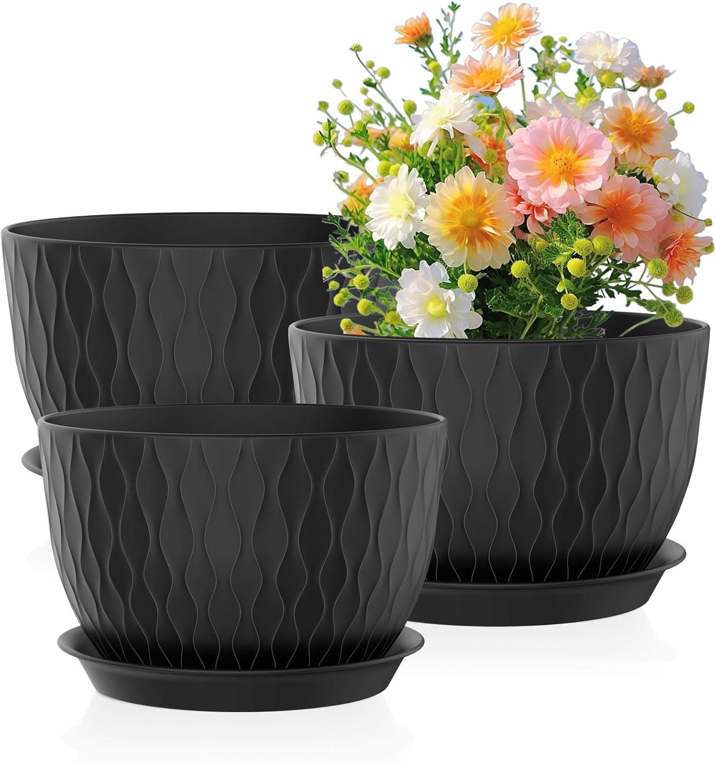12/10/9 inch Large Plant Pots, 3 Pack Wide Flower Pots for Outdoor Indoor Plants with Water Ripples, Big Plastic Planters with Drainage Holes and Saucers for Garden House Plants, Black