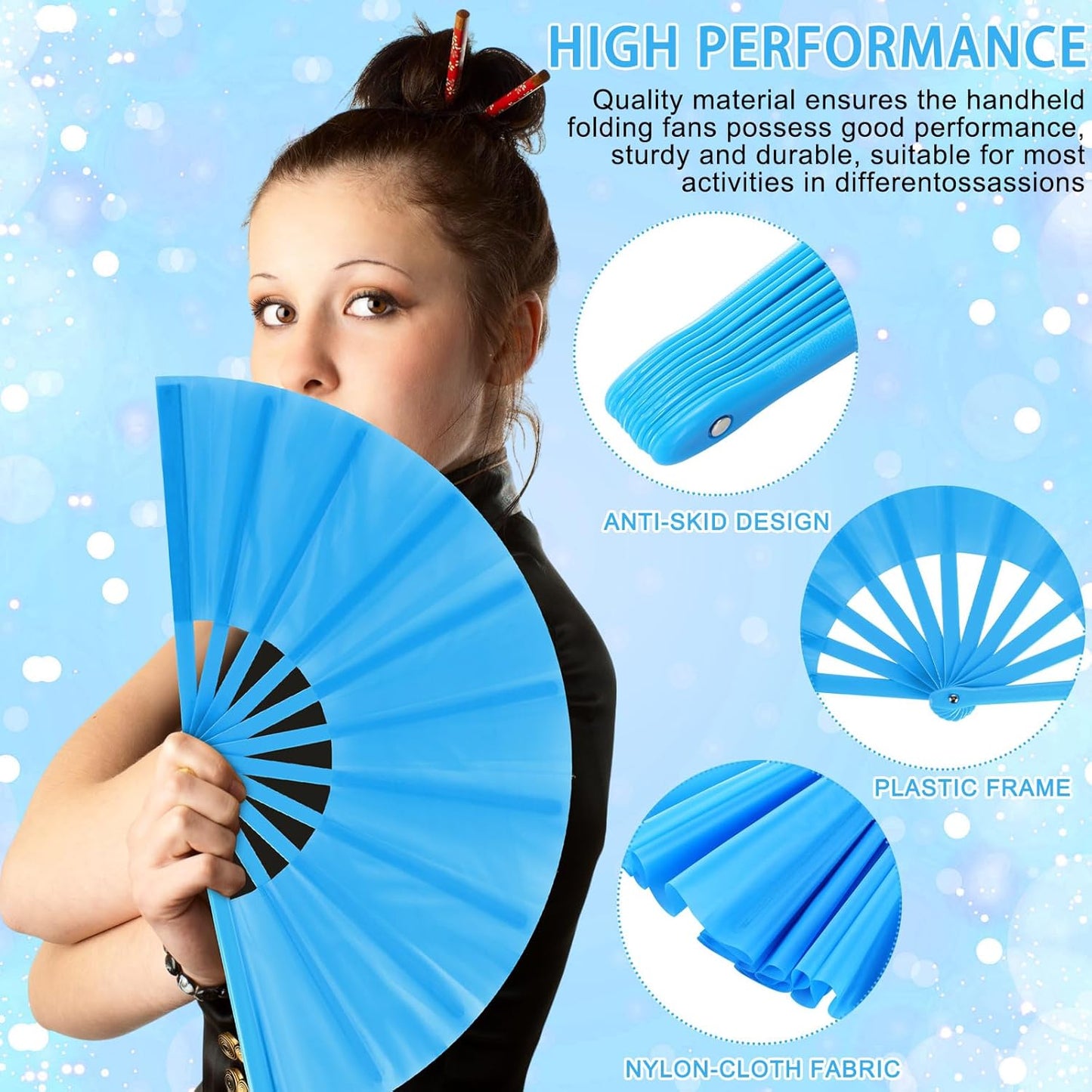 Blulu 4 Pcs 13 Inch Large Folding Hand Fans for Line Dancing Big Clapping Popping Raves Fans Bulk for Dancing Boots on The Ground Festival Party Decoration(Classic Style, Purple, Blue, Orange, Pink)