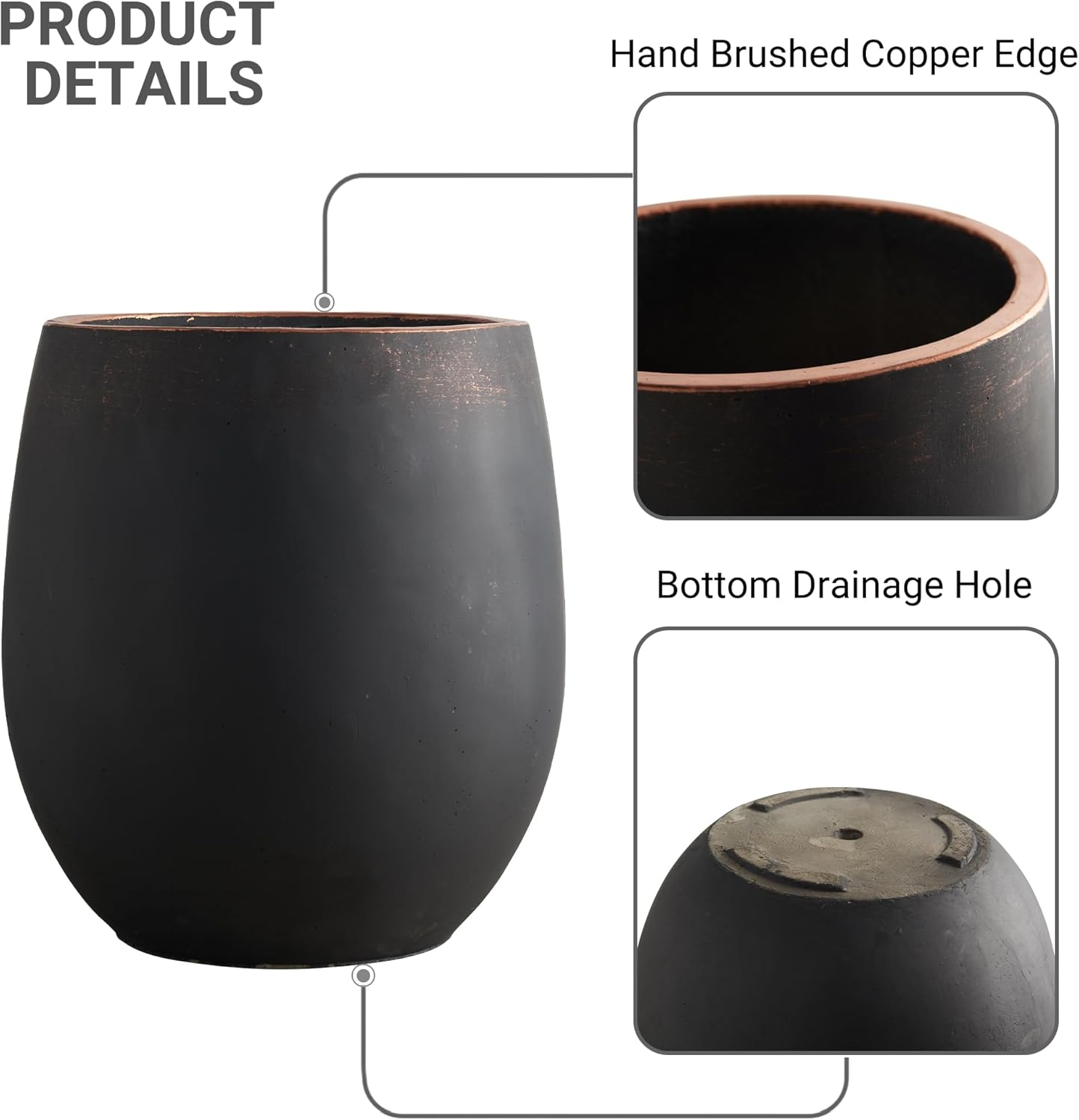 13.3" Dia x 15.3" H Concrete Planter, Outdoor Planter, Black with Gold Rim, Flower Pot with Drainage Hole and Silicone Plug, Plant Container for Garden, Patio, Home, Office, 1 Pack