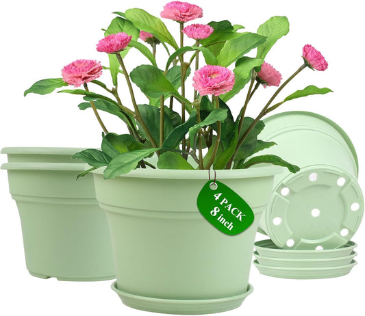 8 Inch Plastic-Flower Pot-for-Indoor Plants, 4 Pack Large Outdoor Planter Pot with Drainage Holes & Saucers, Resin Decorative Garden Pots Planters