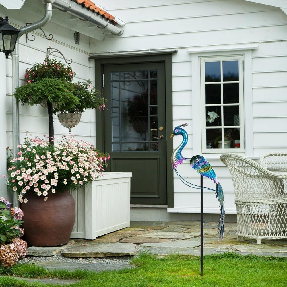 hogardeck Garden Decor for Outside, 48" Metal Peacock Garden Stake with Rocking Motion for Yard Art, Heavy-Duty Balancing Kinetic Wind Sculpture for Lawn Porch Outdoor Decorations