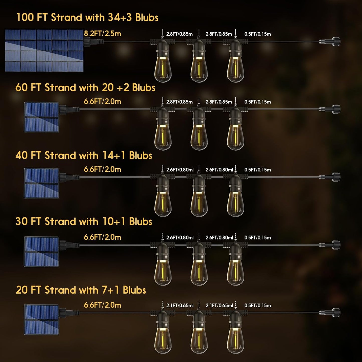 S14 Solar String Lights Outdoor with Remote 100 FT, USB & Solar Dual Charging, Waterproof, 8 Modes 3 Timers, 34+3 LED Shatterproof Bulbs, Dimmable Solar Light for Camping Backyard Bistro Porch Garden