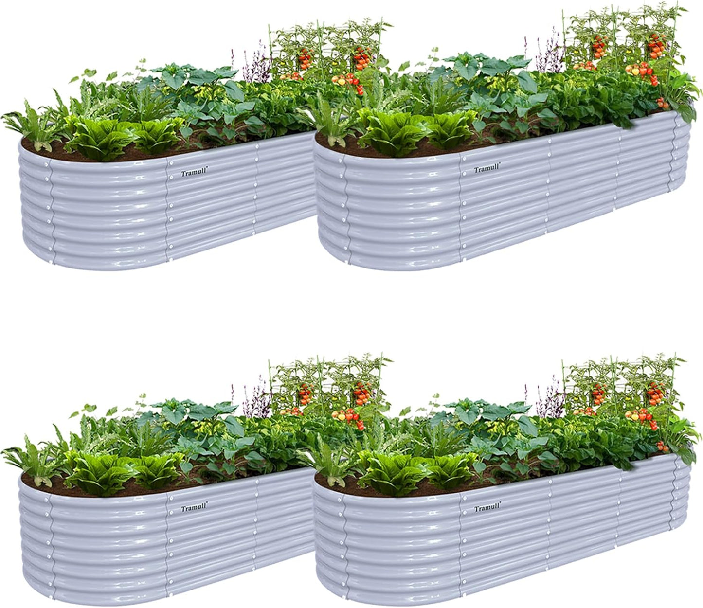 4 Pack 8x3x2FT Galvanized Raised Garden Bed Kit Oval Metal Ground Planter Box Outdoor Bottomless Planter Raised Beds for Vegetables Flowers Herbs Fruits, Gray