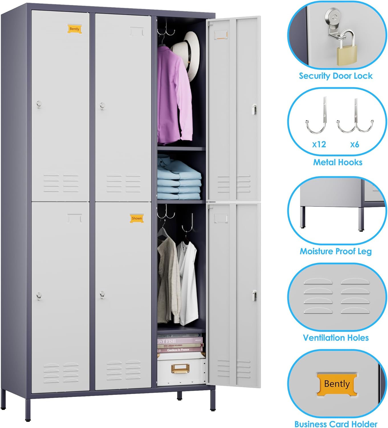72" H×15.75" D×35.43" W Metal Storage Lockers for Employees with 6 Doors, Employee Lockers with 18 Hooks, Business Card Holder for Offices School Gyms Home,Assembly Required,Grey and White