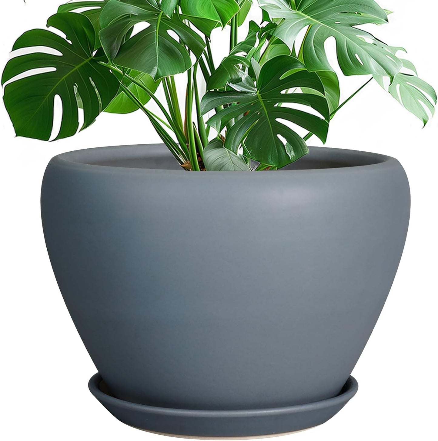 10 Inch Plant Pot - Ceramic Planter for Indoor Plants Large Plant Pot with Drainage Hole and Saucer Round Outdoor Planter Modern Flower Pot for Home Decor Gray