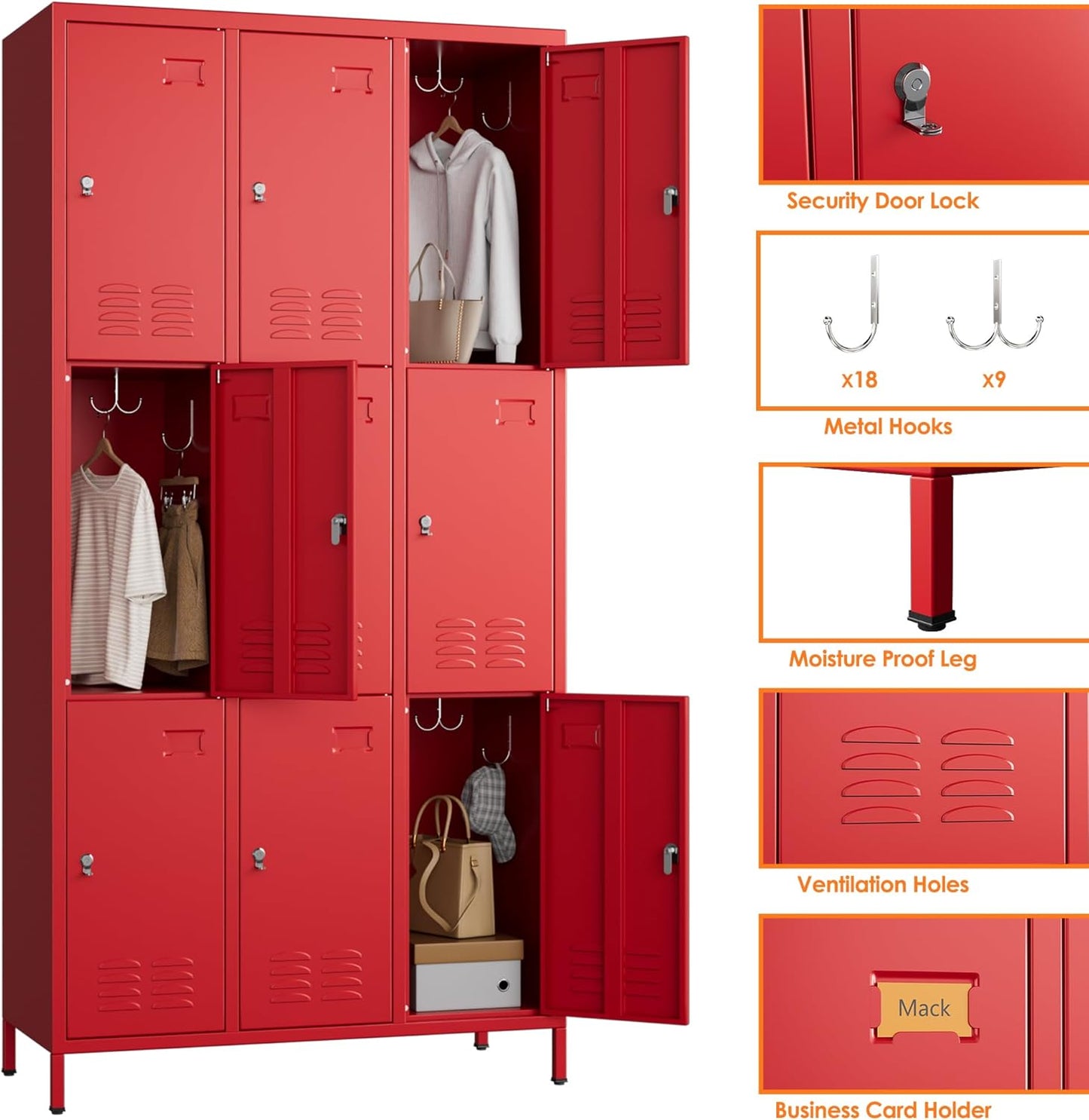 9 Doors Metal Storage Lockers for Employees with 27 Hooks,72" H Employee Lockers with Business Card Holder for Offices School Gyms Home,Assembly Required,Red