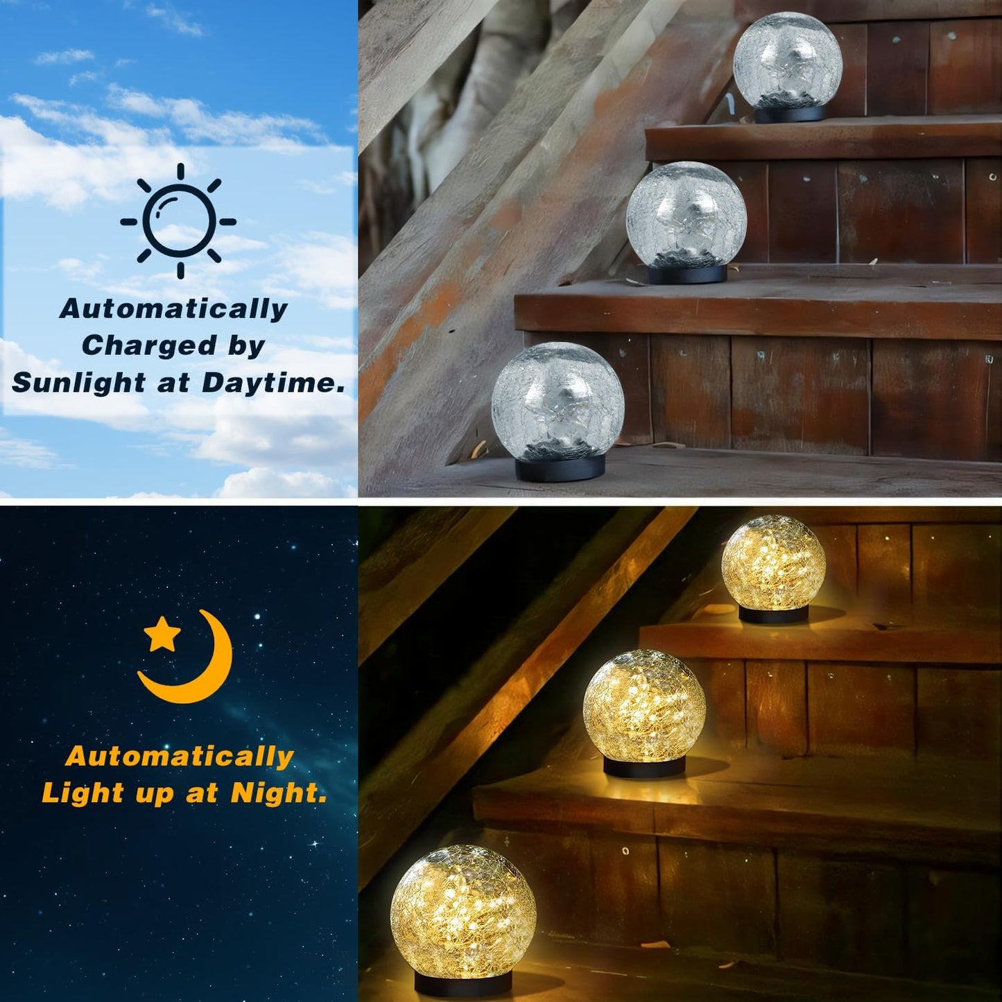 Solar Garden Lights Outdoor Waterproof, 4 Pack Cracked Glass Ball Light, Ground Landscape Garden Decor, Solar Globe Decorative for Pathway/Patio/Lawn/Yard (Warm White, 4.7")