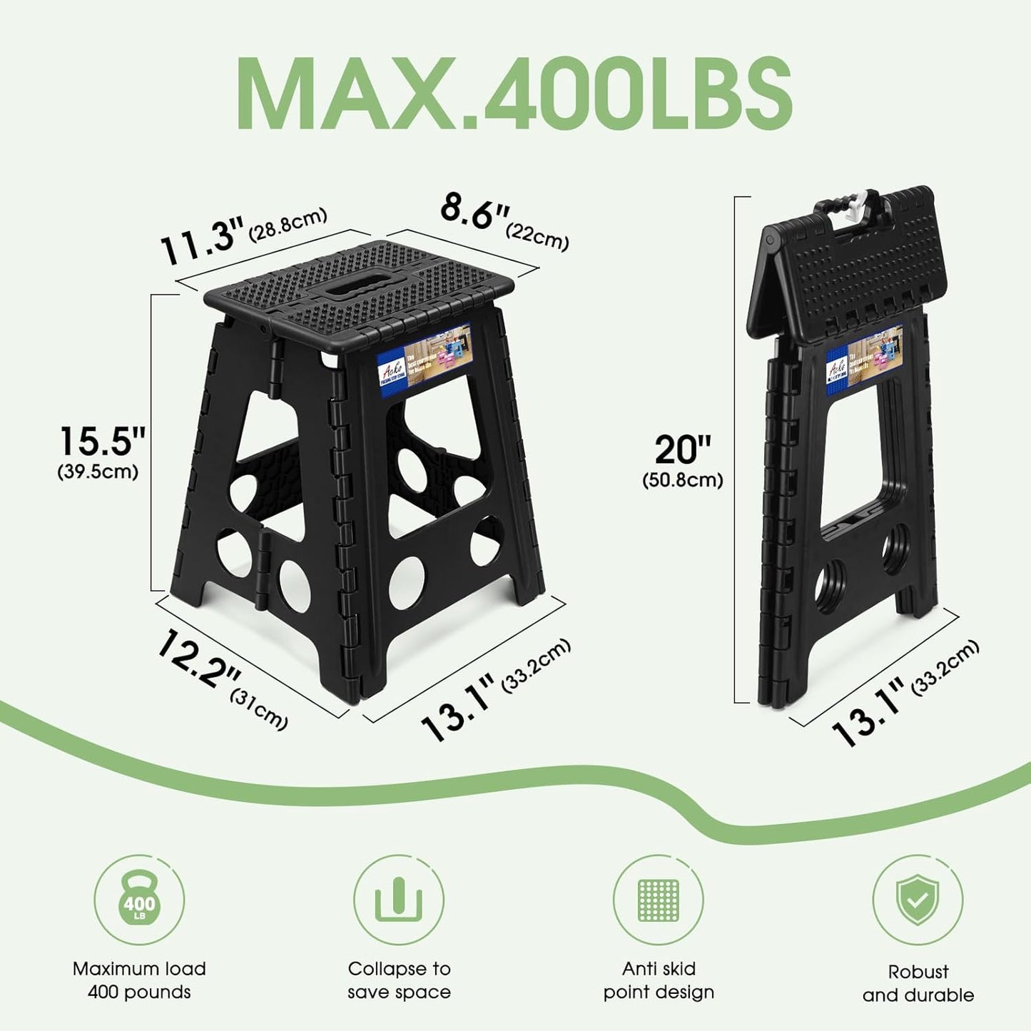 ACKO Folding Step Stool Foldable 16 Inch Stools for Adults and Kids, Plastic Stools Tall 400 lbs Capacity, Collapsible Stool for Kitchen Stepping Foot Stool with Handle, Dot Black,1 PC