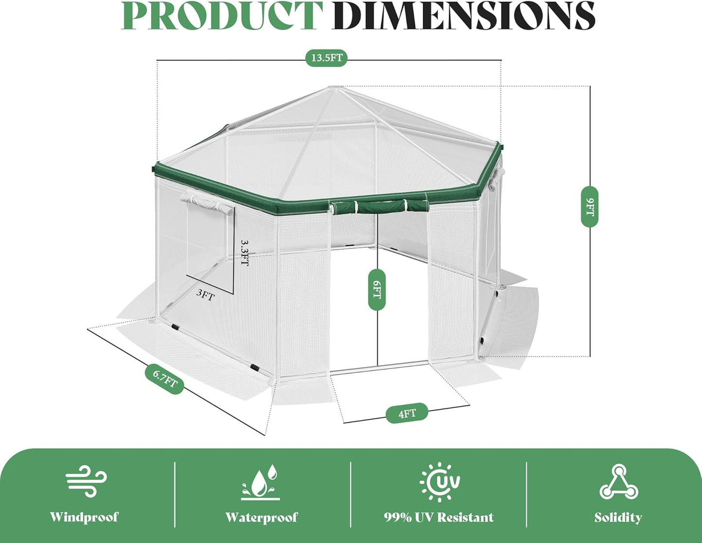 AMERLIFE 13.5x13.5x9 FT Hexagonal Walk-in Greenhouse for Outdoors, Heavy-Duty Greenhouse with Windbreak Ropes, Waterproof PE Cover, Ground Stakes, Tunnel Green House for Garden, White/Green