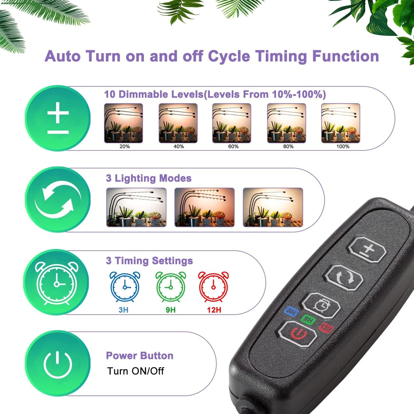 3head Plant Lights, 2Pack Grow Lights for Seed Starting, Full Spectrum Growing Lamps with Clip for Indoor Plants, Auto ON & Off Timer 3/9/12H, 3 Switch Modes, 10-Level Dimmable Brightness