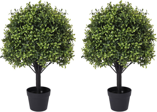 27“ Realistic Artificial Boxwood Topiary Trees Set of 2, Faux Boxwood Plants Outdoor UV-Resistant, No Maintenance Curb Appeal Fake Evergreen Bushes & Shrubs for Front Porch Outside Planter Decor