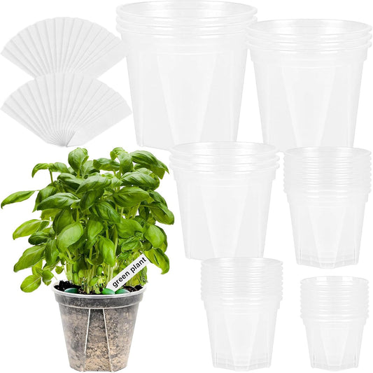 33PCS Frosted Clear Plastic Plant Pots with 33 Plant Labels 4/5/6/7/8/9 Inch Thickened PP Nursery Pots for Indoor Outdoor Plants